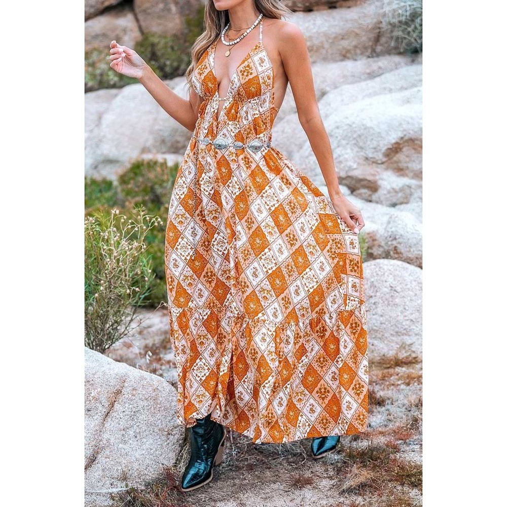 Boho‎ Orange Floral Halter Maxi Dress